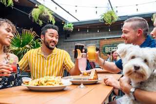 A lively outdoor dining scene featuring four friends enjoying drinks and food at a wooden table, with a small dog in one person's lap.