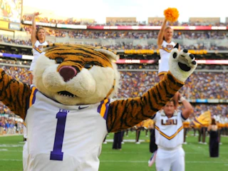 LSU Mascot and cheerleaders working the crowd at a game