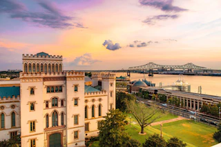 sunset view of the Old State Capitol and Mississippi River